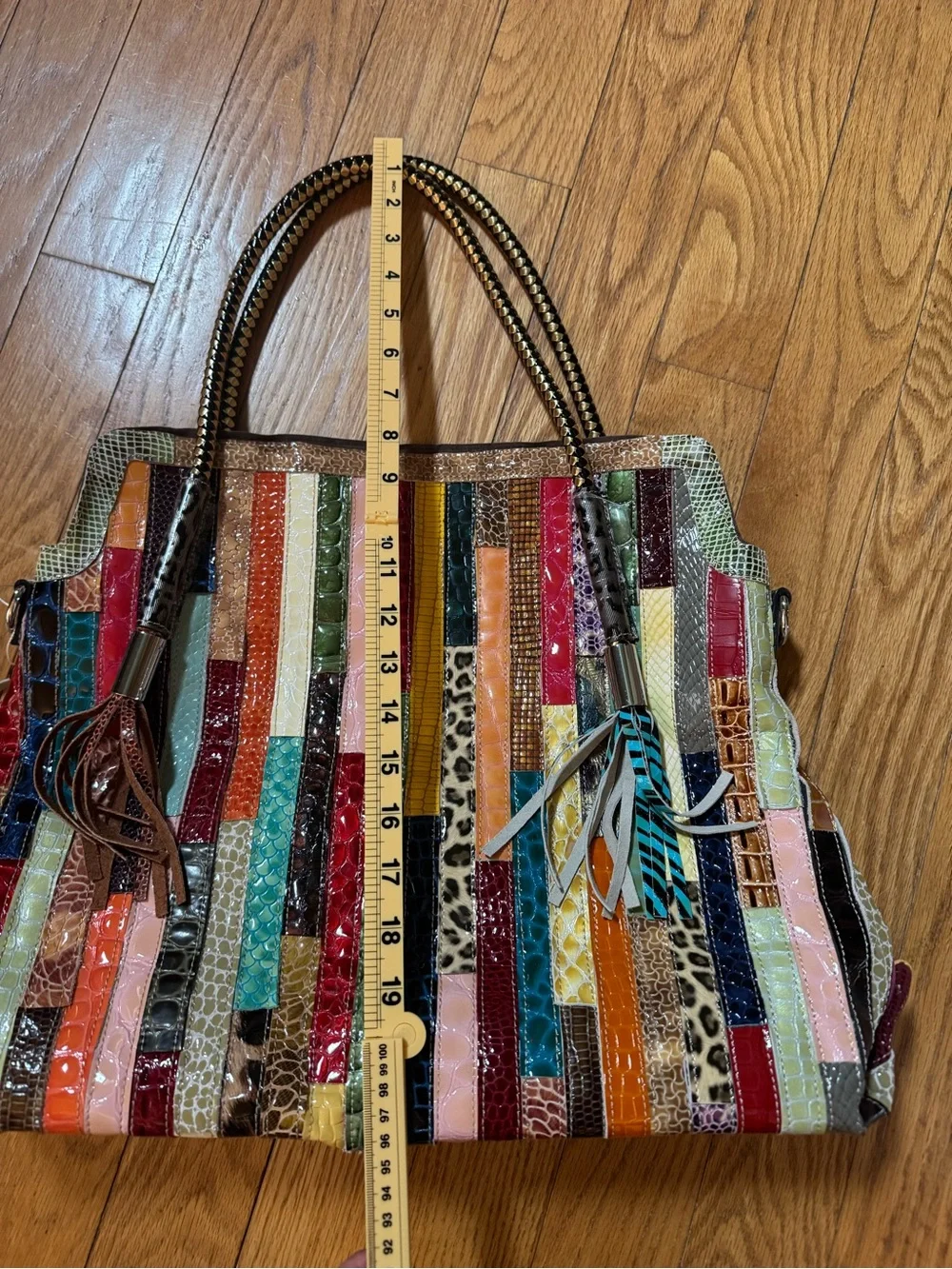 Multicolor Patchwork Faux Exotic Embossed Tote Shoulder Bag Boho Unique Eclectic
